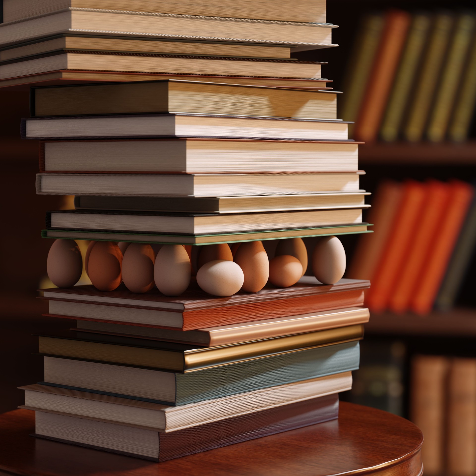 Stack of Books Balanced on Fragile Eggs (CGI)